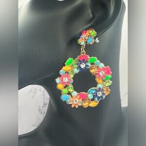 1980s large drop hoop colorful flower earrings